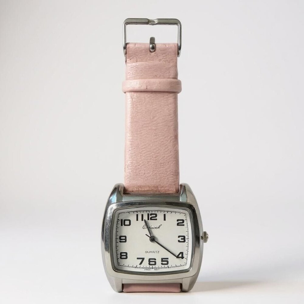 Osirock Vintage 1980s Square Watch Chrome Pink Faux Leather Strap Retro‎ Quartz